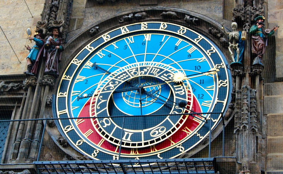 A close-up shot of the Astronomical Clock in Prague shows the multitude of different hands, numbers, and symbols used for tracking many different kinds of time.