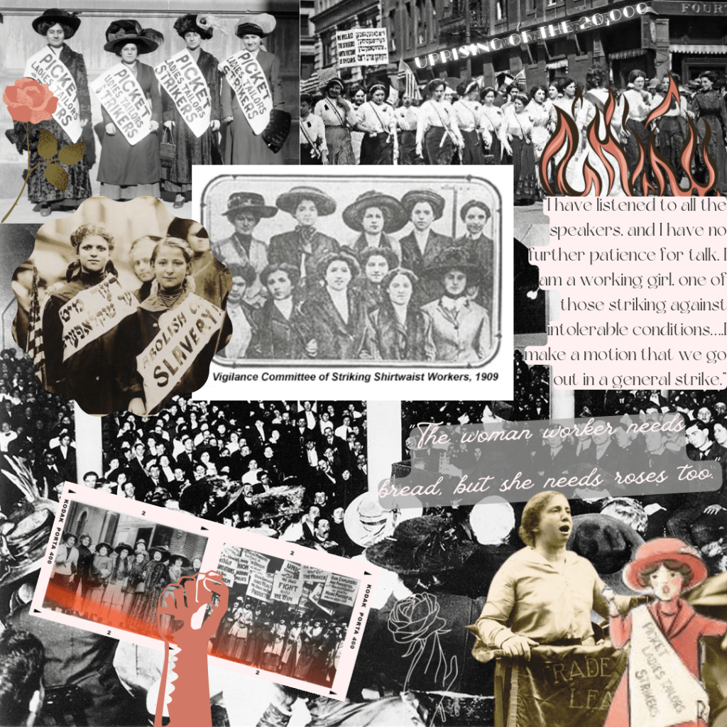 A collage of photos depicting female factory workers striking in the early 20th century.